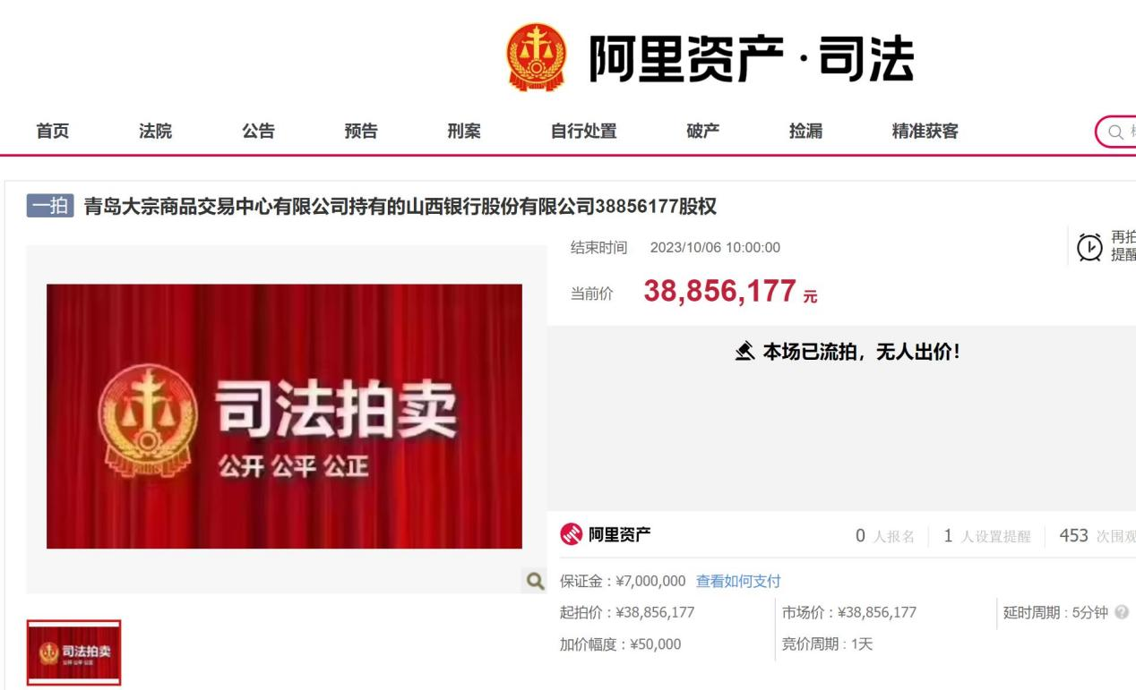 山西银行超3800万股股权遭流拍开云彩票(图1)